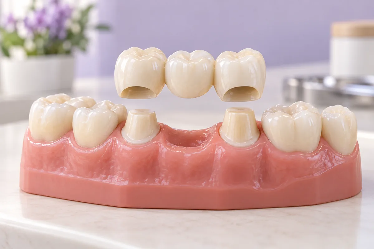 Fixed dental bridge replacing missing teeth